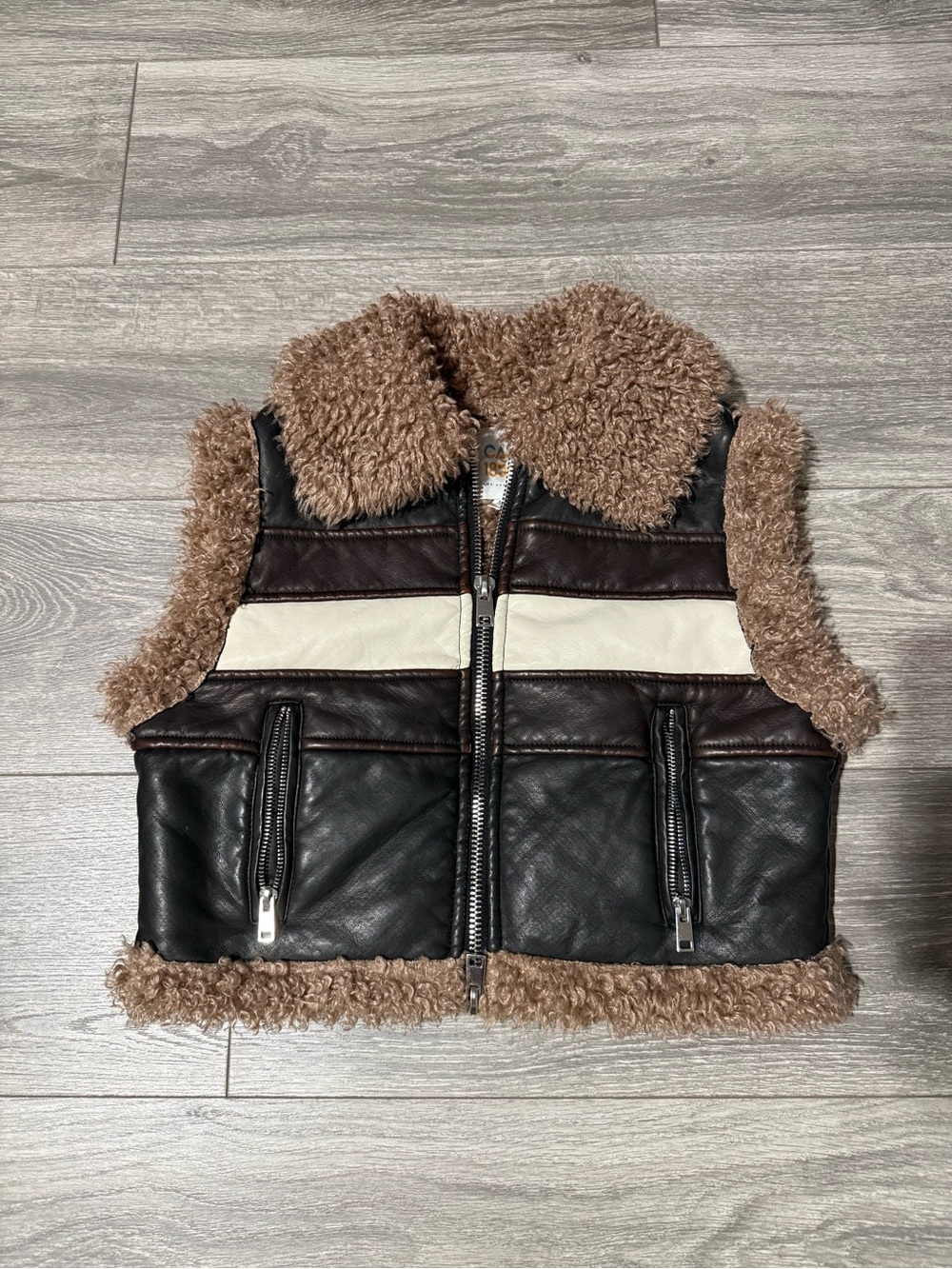 Women’s Brown Shearling-Trim Leather Vest